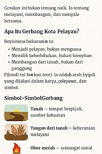 🎨 Deskripsi Gambar Simbolik – Gerbang Kota Pelayan  Gambar ini menggambarkan arah hidup yang dibangun dari bawah, dengan lima elemen utama:  ✋ Tangan dari Tanah - Tangan muncul dari tanah yang retak, menggenggam obor merah yang menyala. - Melambangkan keberanian melayani dan kekuatan yang lahir dari penderitaan dan kerja nyata.  🔥 Obor Merah - Obor menyala terang, memancarkan cahaya ke sekeliling. - Simbol dari semangat sosial yang menyala dari bawah, bukan dari panggung kekuasaan.  🛤️ Jalan Tanah - Jalan kecil dari tanah membentang ke depan, menuju cahaya di cakrawala. - Melambangkan perjalanan kolektif yang sederhana namun bermakna.  🧭 Kompas - Di sisi jalan, terdapat kompas dengan bintang kuning di tengahnya. - Simbol dari arah hidup yang dipilih secara sadar oleh pelayan, bukan ditentukan oleh sistem lama.  🌞 Lingkaran Cahaya - Di ujung jalan, tampak lingkaran cahaya yang terang dan hangat. - Melambangkan tujuan kolektif: dunia yang dipimpin oleh pelayan, bukan penguasa.