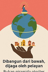 ✍️ Deskripsi Gambar: Gambar ini melambangkan sistem Kota Pelayan yang dibangun dari bawah dan dijaga oleh tangan pelayan. Sebuah tangan besar muncul dari tanah, menopang globe yang dikelilingi oleh cincin emas. Di atas globe duduk seorang perempuan pemimpin dengan aura cahaya di sekelilingnya—simbol keberanian, arah hidup, dan kepemimpinan dari bawah.  Di sekitar globe terdapat lima bangunan kecil yang terhubung oleh jalur emas, masing-masing mewakili pilar perjuangan: - 🏛️ Ekonomi Pelayan   - 📚 Pendidikan Keluarga Pekerja   - 👩 Kepemimpinan Perempuan   - 🗳️ Kepemimpinan Rakyat   - 🎨 Naratif Bergambar  Latar belakang bergradasi dari merah ke krem menegaskan bahwa sistem ini bukan piramida kekuasaan, melainkan jaringan pelayanan yang menyala dari tanah.