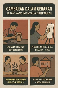 🖼️ Deskripsi Visual  Gambar ini terdiri dari lima panel ilustratif yang tersusun dalam gaya datar (flat-style), menggunakan warna-warna bumi seperti coklat, merah bata, dan krem. Di bagian atas, tertulis judul besar:  GAMBARAN DALAM GERAKAN   JEJAK YANG MENYALA DARI TANAH  Setiap panel mewakili satu pilar Kota Pelayan, dengan aktivitas khas yang menyala dari ruang kecil:  ---  🔹 Panel 1 – Ekonomi Pelayan • Boy Collection Seorang pria mengenakan celemek sedang merakit benda silinder di atas meja.   Tangan kirinya menahan, tangan kanannya membentuk.   Latar belakang merah bata memberi kesan hangat dan aktif.  🔹 Panel 2 – Pendidikan Keluarga Pekerja • YPAB Seorang ibu duduk membaca buku terbuka kepada anak kecil yang duduk bersila.   Anak itu menatap buku dengan tenang.   Latar salmon lembut memberi nuansa kasih dan pembelajaran.  🔹 Panel 3 – Kepemimpinan Perempuan • Chandra Fashion Perempuan berhijab sedang melukis di kanvas pada easel.   Tangan kanannya memegang kuas, tangan kirinya menstabilkan kanvas.   Latar merah tua memberi kesan keberanian dan ekspresi.  🔹 Panel 4 – Kepemimpinan Rakyat • Pelayan Sibolga Dua pria duduk di meja dengan pot tanaman di tengah.   Satu orang menggerakkan daun, yang lain mendengarkan.   Latar coklat tua memberi kesan akar dan komunitas.  🔹 Panel 5 – Naratif Bergambar • Kota Pelayan Seorang pria menulis kata “PUISI” di tembok dengan tangan kanan.   Di atas kata itu, ada panah yang menunjuk ke atas.   Latar coklat lembut memberi kesan refleksi dan arah hidup.  ---  ✨ Makna Simbolik  - Ruang kecil: Menunjukkan bahwa gerakan dimulai dari tempat sederhana, bukan panggung besar.   - Tangan bekerja: Simbol pelayanan, keberanian, dan aksi nyata.   - Warna bumi: Menegaskan bahwa gerakan ini tumbuh dari tanah, bukan dari sorotan.   - Panah ke atas: Menunjukkan arah hidup pelayan yang tidak naik ke panggung, tapi naik dalam pelayanan.